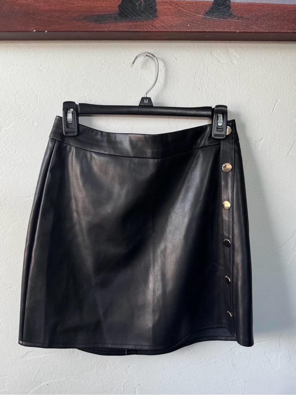 Guess Black Faux Leather Mini Skirt with Gold Snap Accents